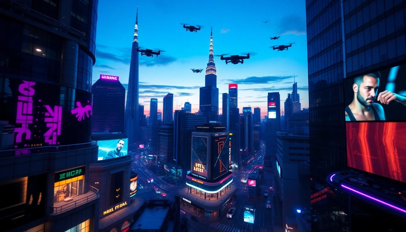 Showcase technology in a futuristic city with neon lights and drones flying through a twilight sky.