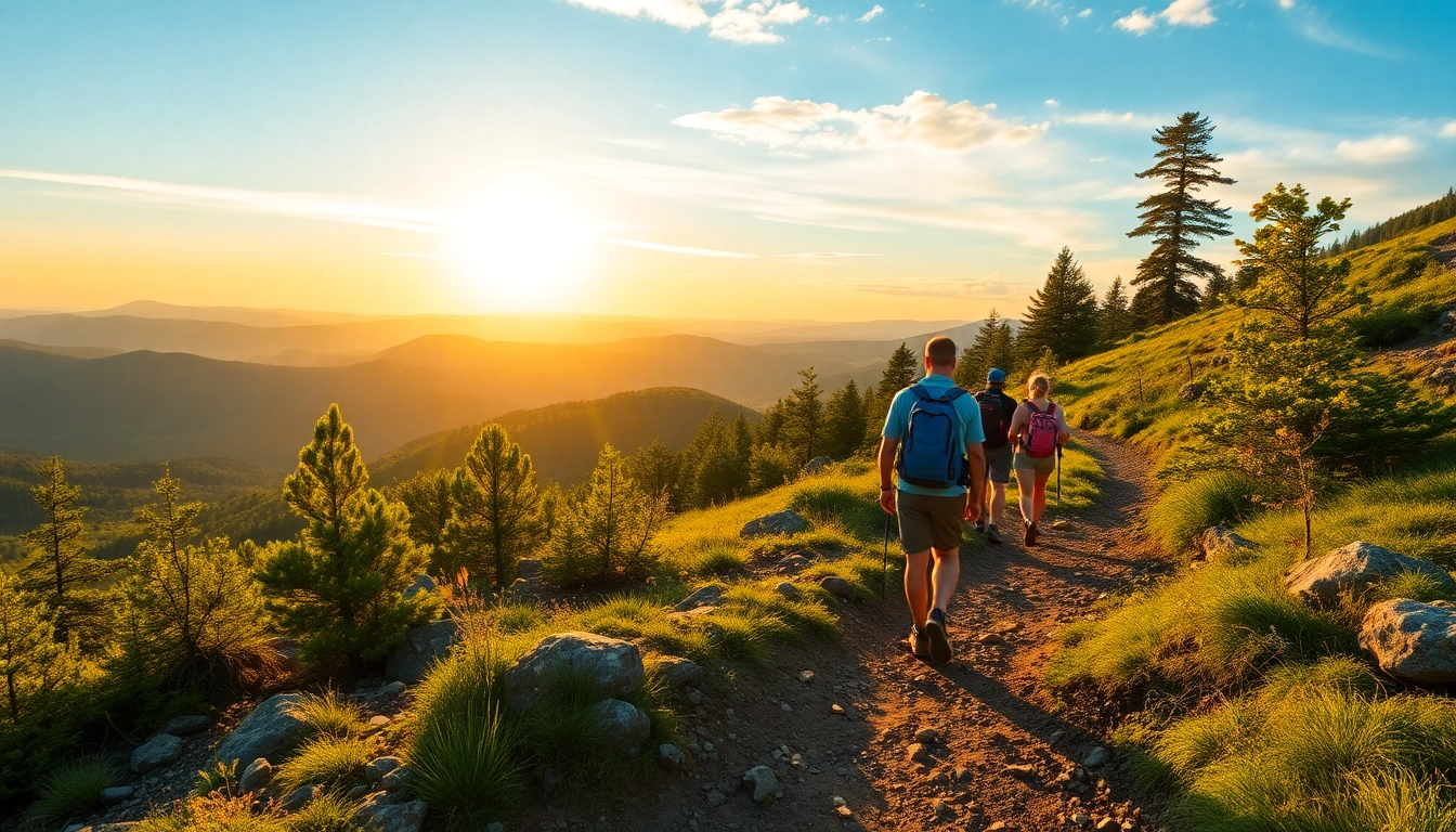Hikers enjoying a scenic trek through lush mountains, capturing the essence of an inspiring hike in nature.