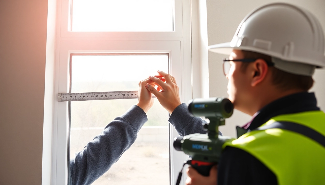 Window contractors near me: a professional measuring a modern home window for a precise fit.