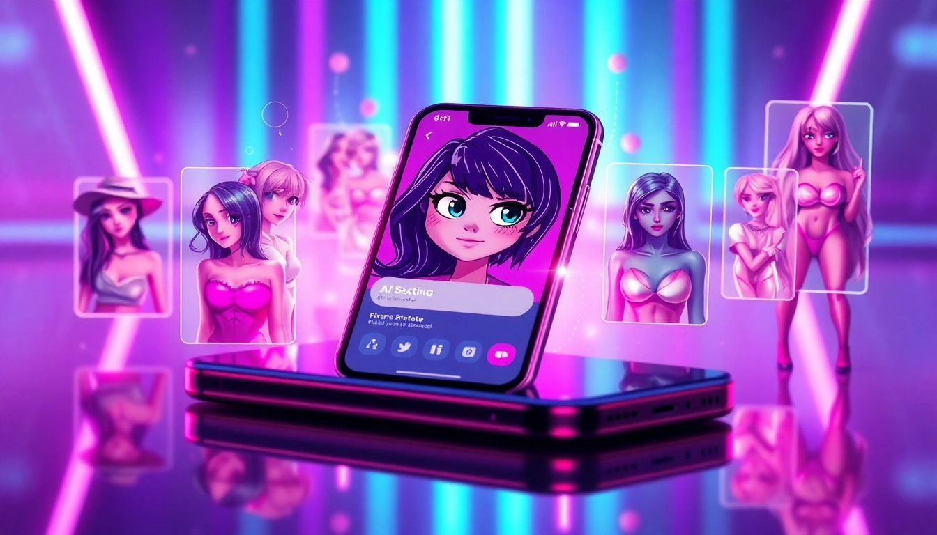 Futuristic smartphone displaying an AI sexting app interface with animated avatars and holographic visuals in a neon cyberpunk setting.