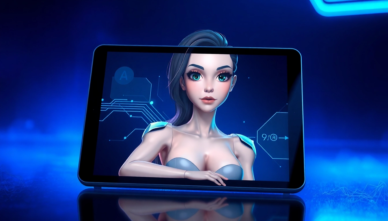 Futuristic AI chatbot interface with a realistic female avatar on a digital tablet screen, surrounded by digital motifs and ambient lighting.