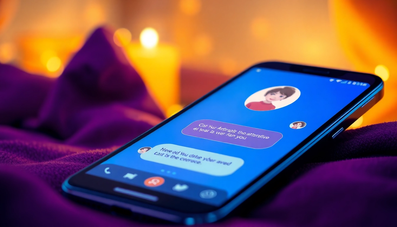 Smartphone displaying a chat with an attractive AI character in a cozy, warm-lit setting.