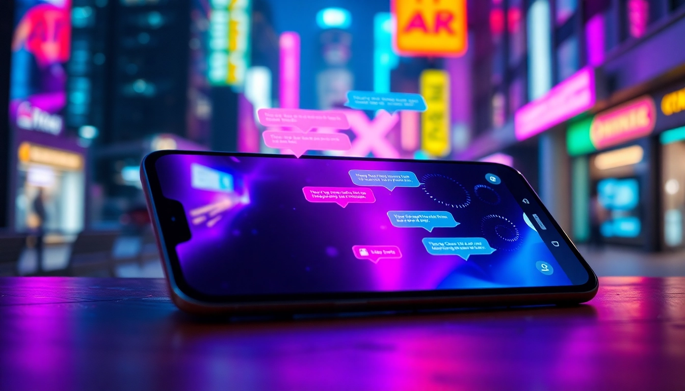 A futuristic digital chat interface on a smartphone with neon lights and a cyberpunk city background.
