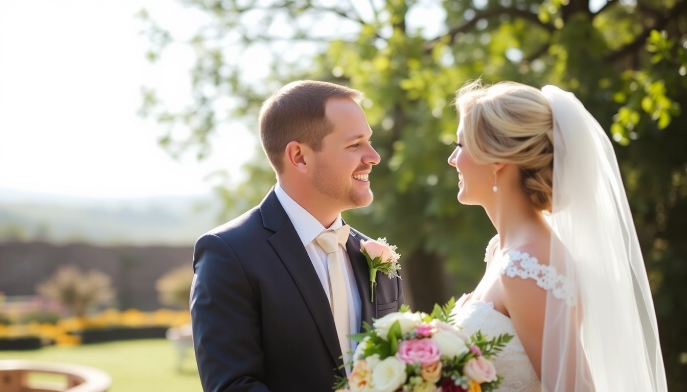 Beautiful couple during eskuvo fotozas in a scenic garden with natural light and joyful expressions
